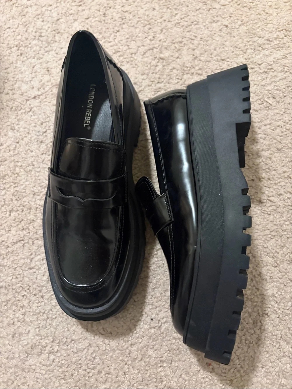 Black Leather Platform Penny Loafers for Women - Classic Slip-On; London Rebel